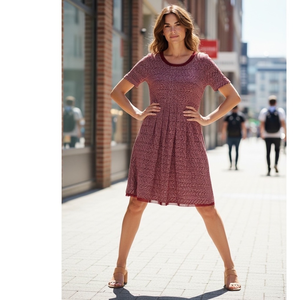Maeve Anthropologie Dora‎ Burgundy Wavy Textured Shift Dress Short Sleeve Medium